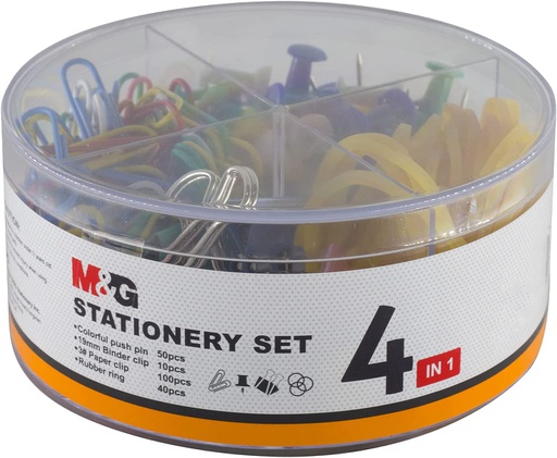 MG Chenguang - Binder Clips, Paper Clips, Rubber Rings and Push Pins -  Stationery Set 4 In 1 box